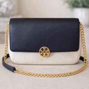 Tory Burch Two-Tone Leather Chain Shoulder Bag in Navy and Cream. Old money